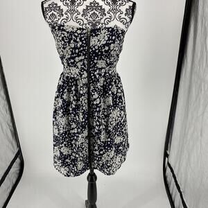 Honey Punch Strapless Dress Floral Front Zipper Navy Blue And White Mini. Sz Med